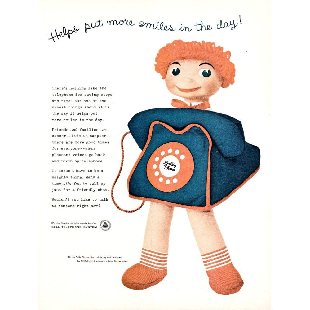 1957 Bell Telephone Dolly Phone Vintage Print Ad Rag Doll Bill Baird Marionettes